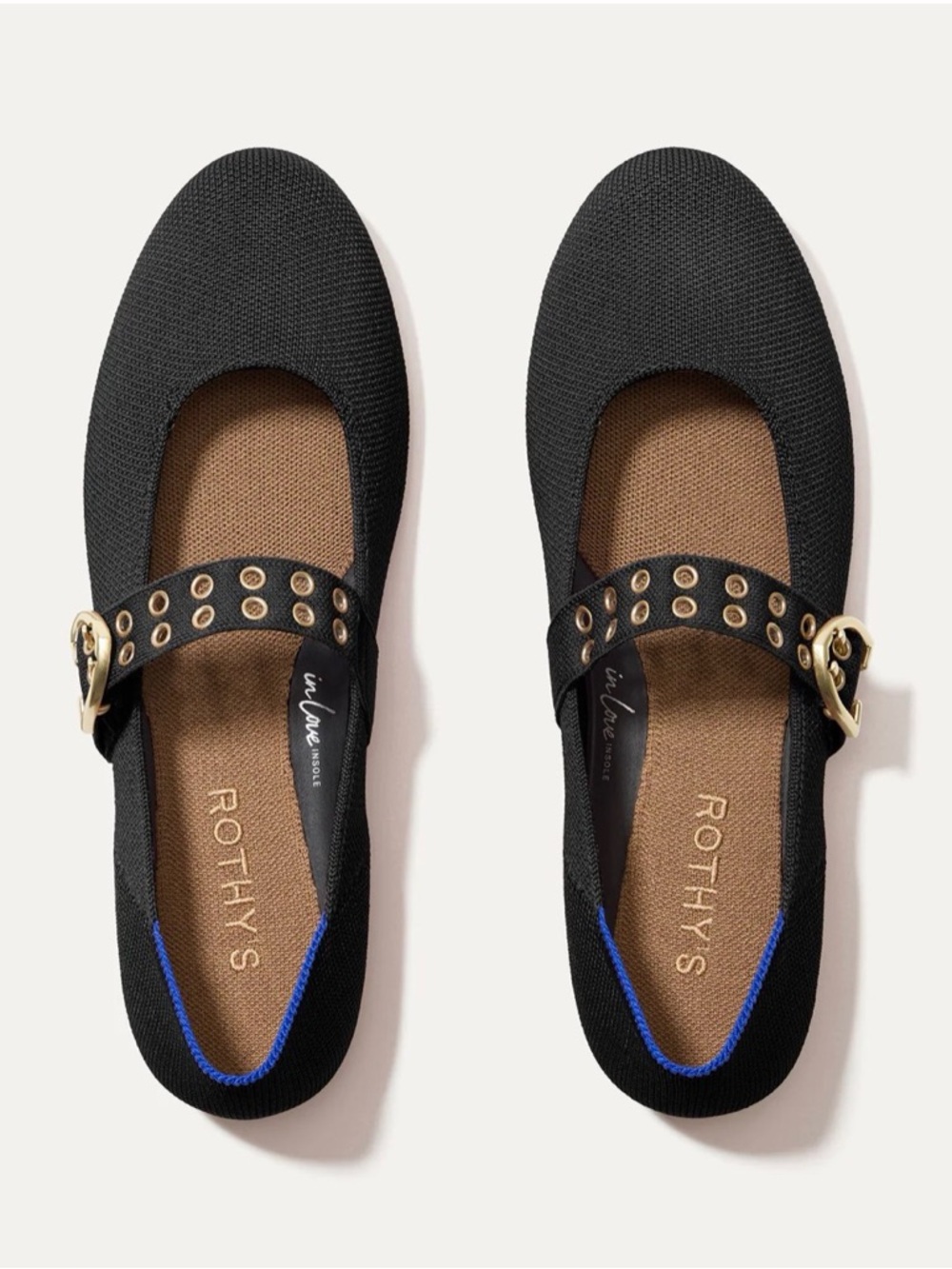 Rothy's Black Mary Jane Flats with Gold Buckles and Rivets